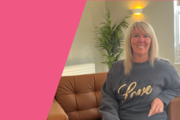 A pink graphic featuring an image of Leanne Briggs, a team leader at St. George's Community Hub. Leanne, with blonde hair, smiles while seated comfortably in a chair.